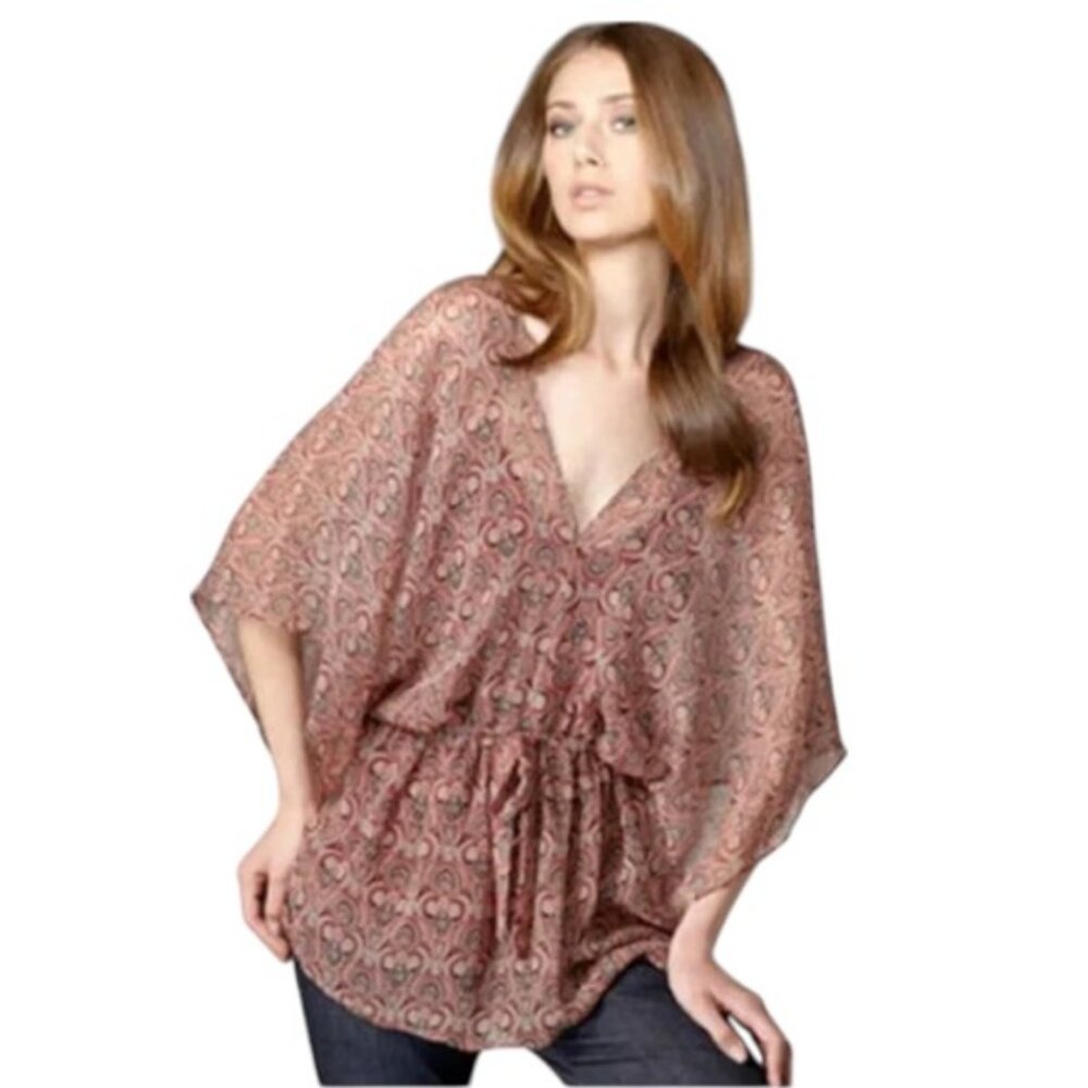 Ella Moss burgundy red silk paisley print draped tunic top size M